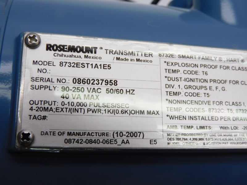 ROSEMOUNT 8732EST1A1E5 8711ASE30FU1E5Q8 40VDC 0.5A 285PSI UNMP