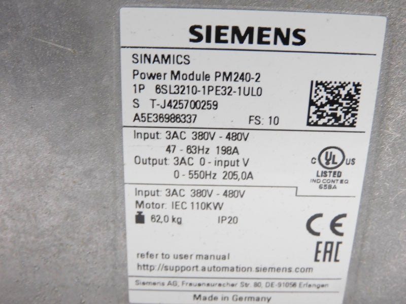 SIEMENS 6SL3210-1PE32-1UL0 380-480V 198A UNMP