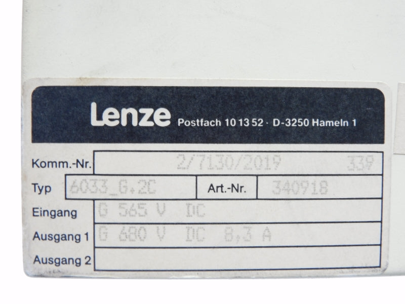 LENZE 6033_G.2C 2/7130/2019 340918 680VDC 8.3A UNMP