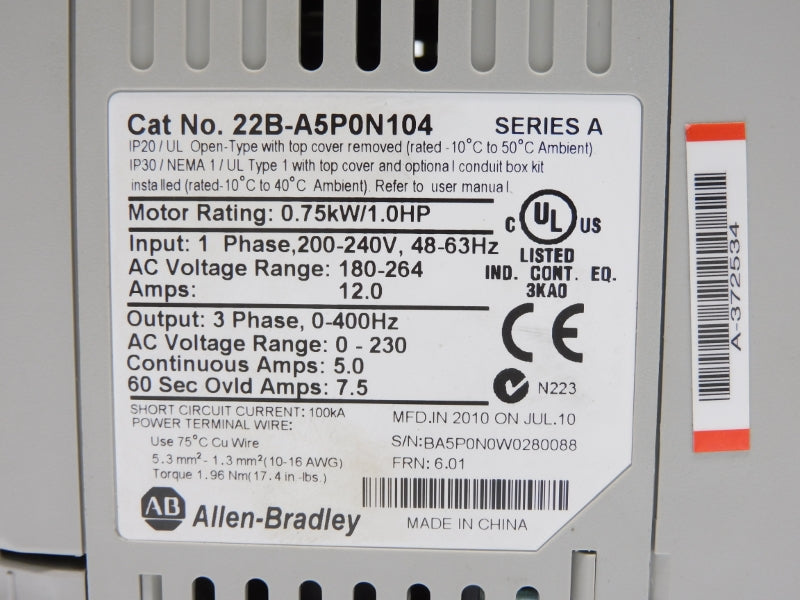 ALLEN BRADLEY 22B-A5P0N104 SER. A 180-264VAC 12.0A F/W 6.01 NSNP