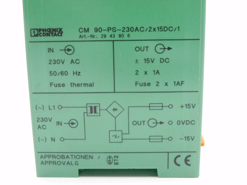 PHOENIX CONTACT CM90-PS-230AC/2X15DC/1 2943806 230VAC 1A NSMP