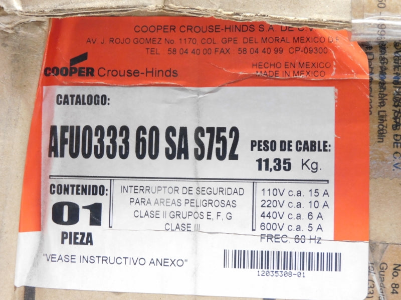 CROUSE HINDS AFU033360SAS752 600VAC 15A NSFS