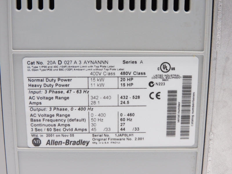 ALLEN BRADLEY 20AD027A3AYNANNN SER. A 432-528VAC 28.1A F/W 2.001 NSMP