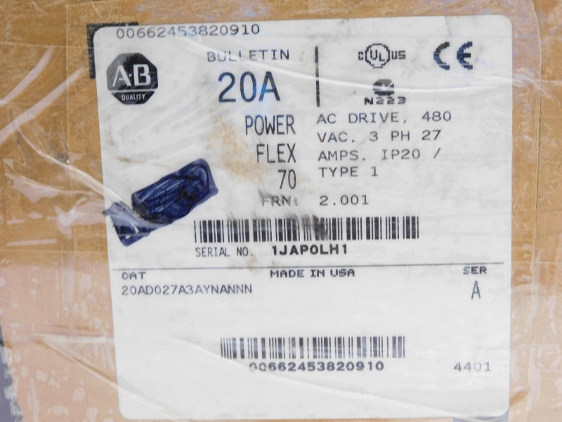 ALLEN BRADLEY 20AD027A3AYNANNN SER. A 432-528VAC 28.1A F/W 2.001 NSMP