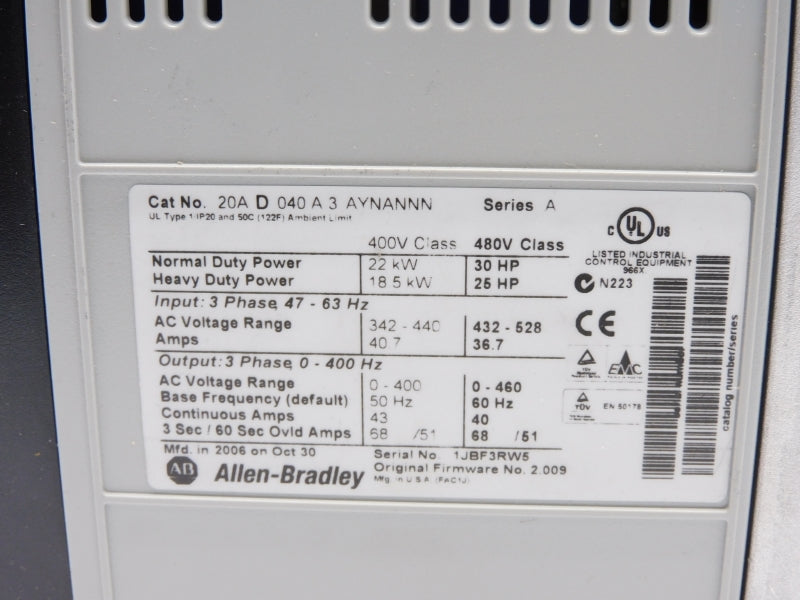 ALLEN BRADLEY 20AD040A3AYNANNN SER. A 432-528VAC 40.7A F/W 2.009 NSMP