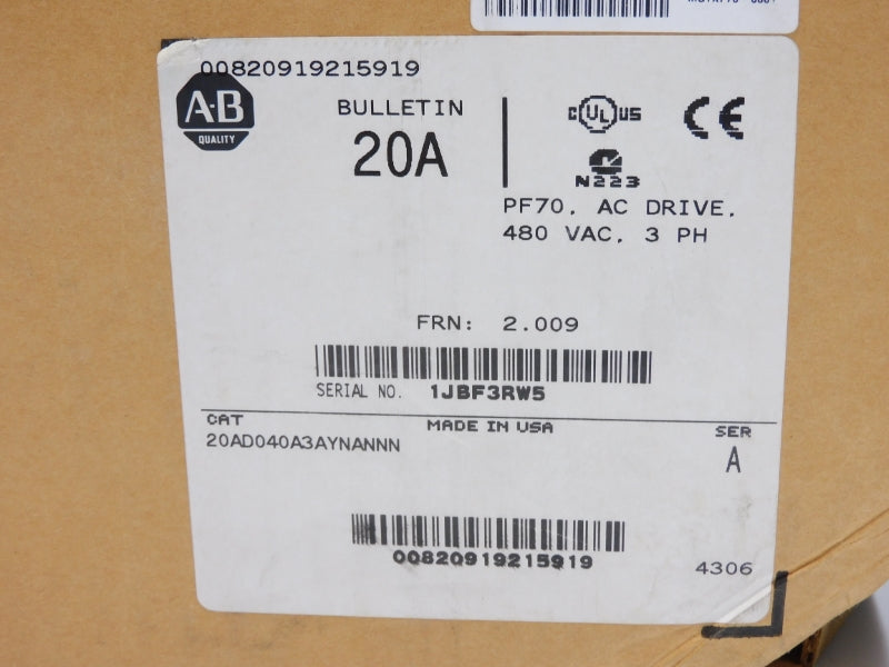 ALLEN BRADLEY 20AD040A3AYNANNN SER. A 432-528VAC 40.7A F/W 2.009 NSMP