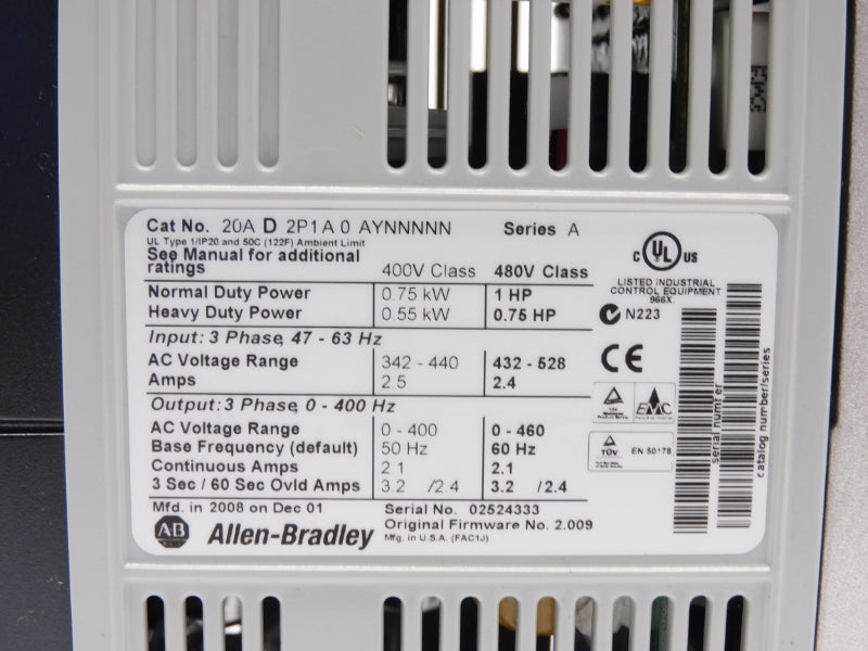 ALLEN BRADLEY 20AD2P1A0AYNNNNN SER. A 432-528VAC 2.5A F/W 2.009 NSMP
