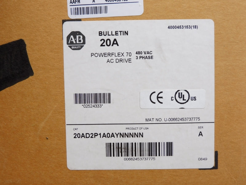 ALLEN BRADLEY 20AD2P1A0AYNNNNN SER. A 432-528VAC 2.5A F/W 2.009 NSMP