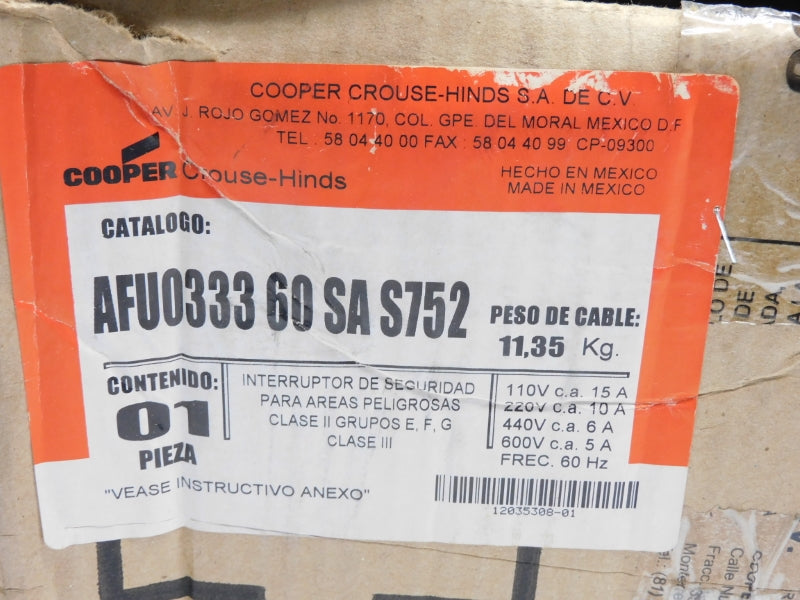 CROUSE HINDS AFU033360SAS752 600VAC 15A NSMP