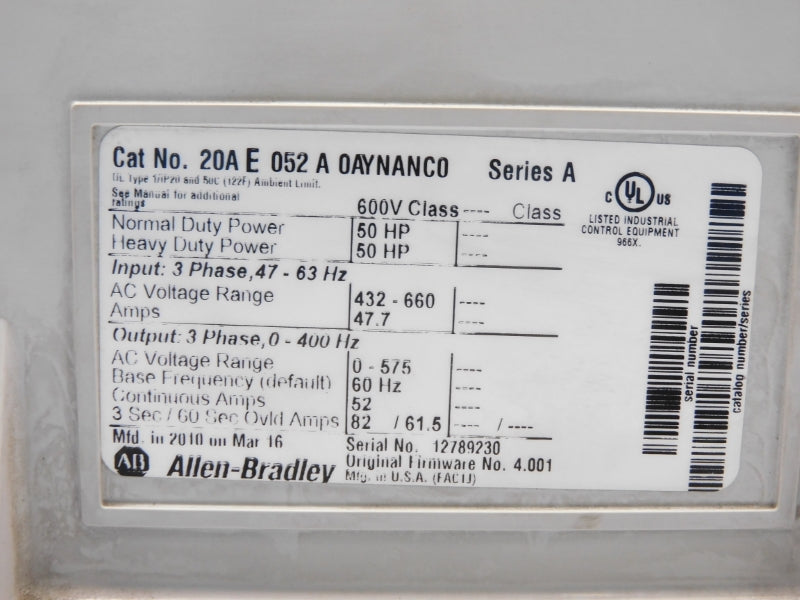 ALLEN BRADLEY 20AE052A0AYNANC0 SER. A 432-660VAC 47.7A F/W 4.001 UNMP