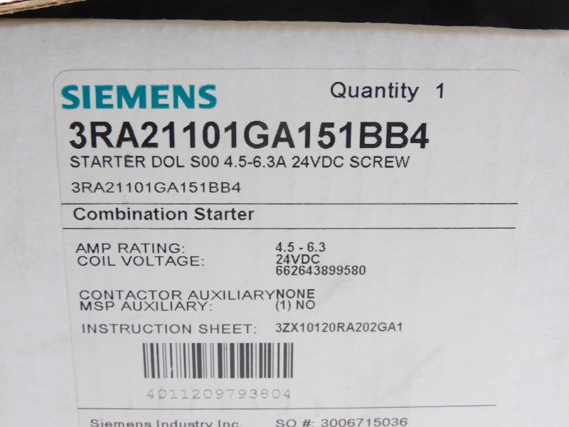 SIEMENS 3RA21101GA151BB4 24VDC 4.6-6.3A NSMP