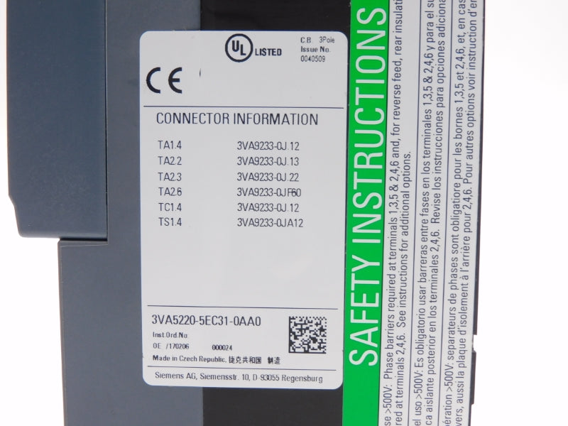 SIEMENS 3VA5220-5EC31-0AA0 600V 200A NSMP