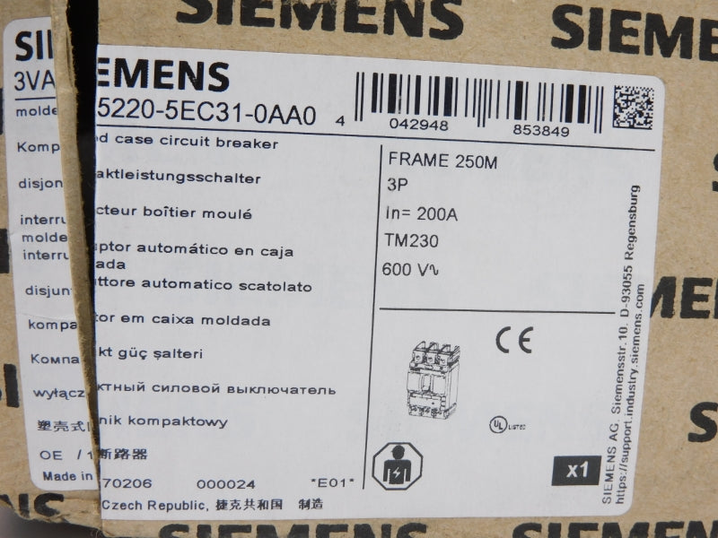 SIEMENS 3VA5220-5EC31-0AA0 600V 200A NSMP