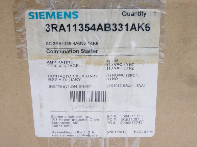 SIEMENS 3RA11354AB331AK6 110/120VAC 11-16A NSMP