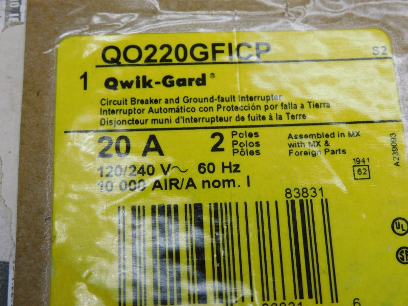 SQUARE D QO220GFICP 120/240V 20A UNMP