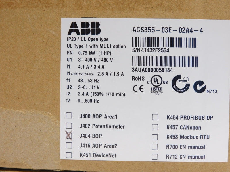 ABB ACS355-03E-02A4-4 J404 400/480V 4.1/3.4A NSMP