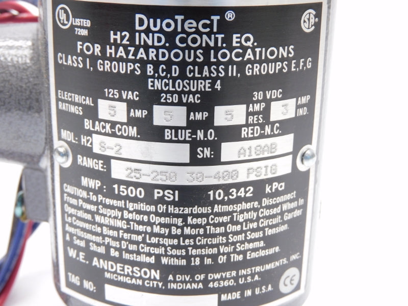 DWYER H2S-2 250VAC 5A 25-250/30-400PSI NSMP