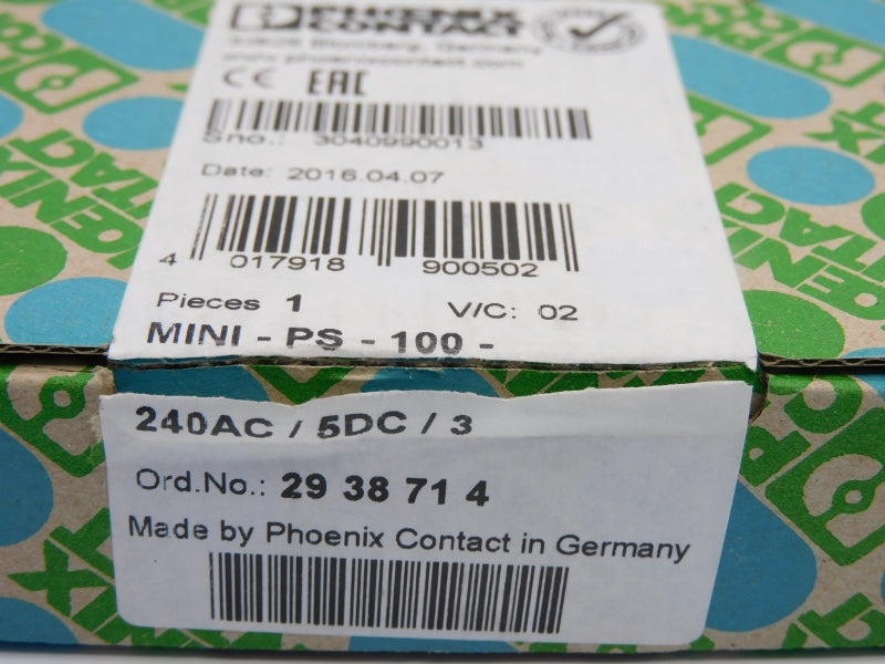 PHOENIX CONTACT MINI-PS-100-240AC/5DC/3 2938714 100-240VAC 0.4-0.2A NSMP