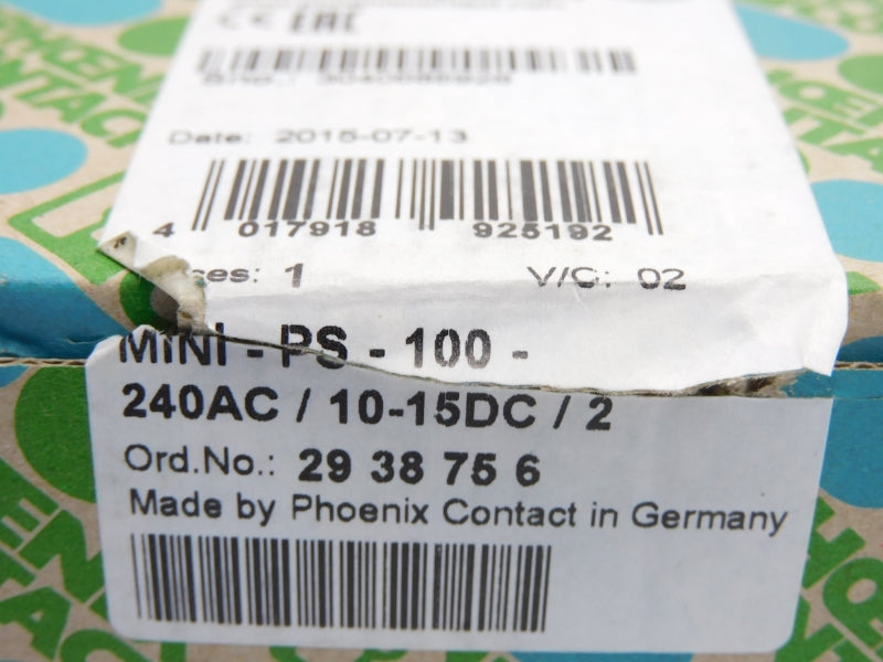 PHOENIX CONTACT MINI-PS-100-240AC/10-15DC/2 2938756 100-240VAC 1.0-0.5A NSMP