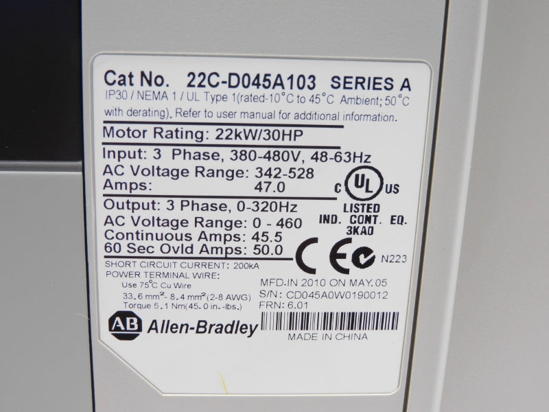 ALLEN BRADLEY 22C-D045A103 SER. A 342-528V 47.0A F/W 6.01 NSMP