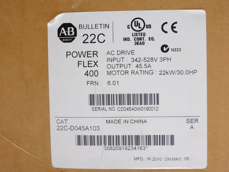 ALLEN BRADLEY 22C-D045A103 SER. A 342-528V 47.0A F/W 6.01 NSMP