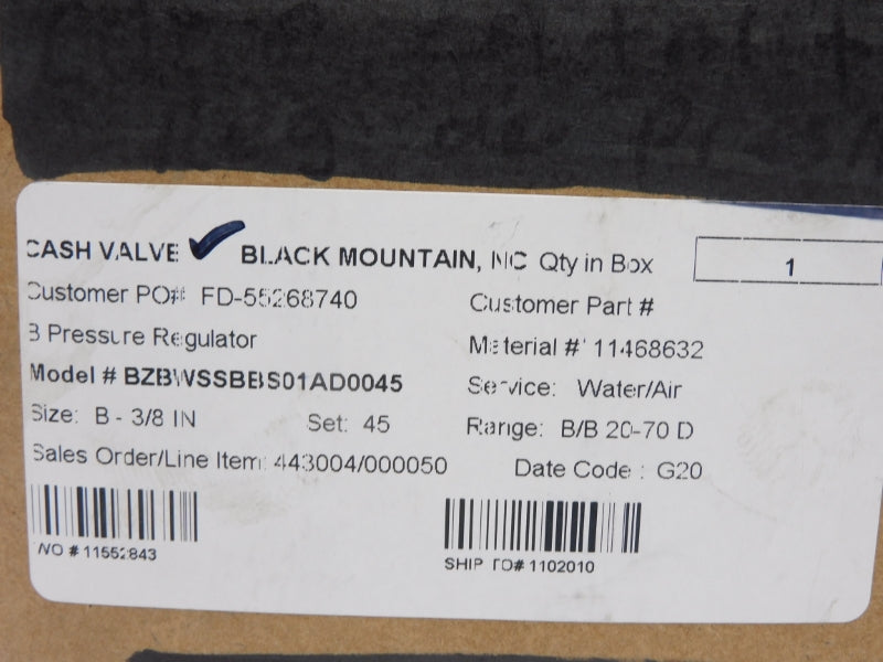 CASH VALVE BZBWSSBBS01AD0045 20-70PSI 3/8" NSMP