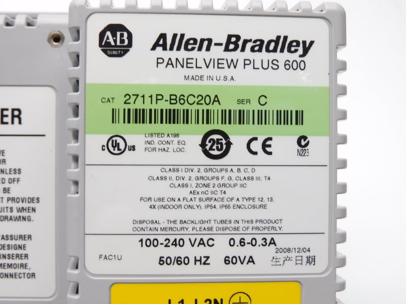 ALLEN BRADLEY 2711P-B6C20A SER. C 100-240VAC 0.6-0.3A NSMP