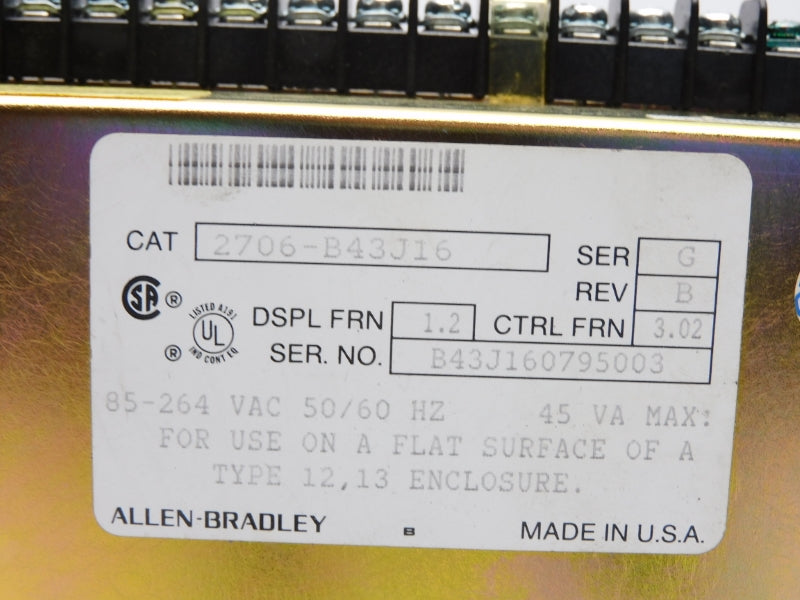 ALLEN BRADLEY 2706-B43J16 SER. G 85-264VAC 3A F/W 3.02 NSNP