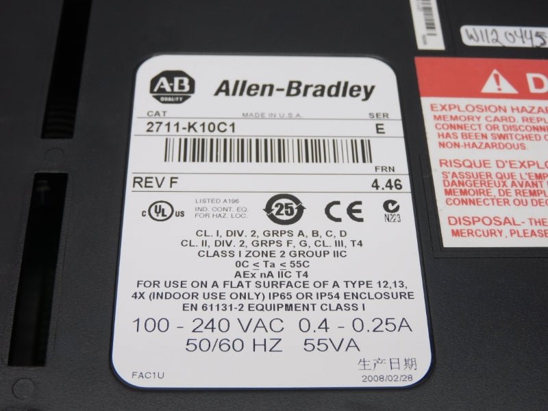 ALLEN BRADLEY 2711-K10C1 SER. E 100-240VAC 0.4-0.25A F/W 4.46 REMAN