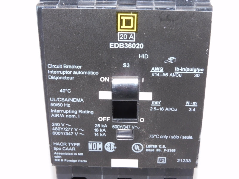 SQUARE D EDB36020 347V 20A UNMP