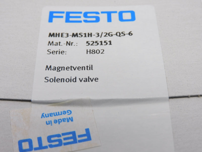 FESTO MHE3-MS1H-3/2G-QS-6 525151 SER. H802 21,6-26,4VDC 1A NSMP