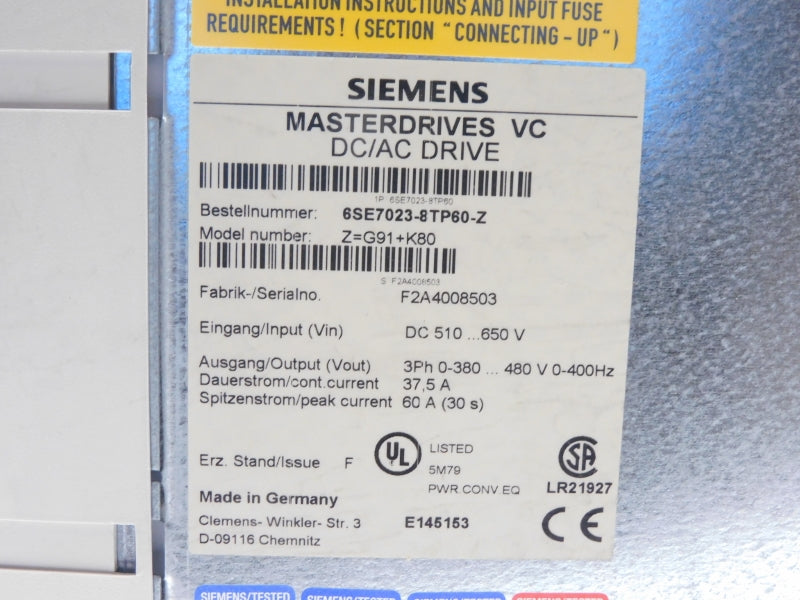 SIEMENS 6SE7023-8TP60-Z-G91+K80 510-650VDC 60A NSMP