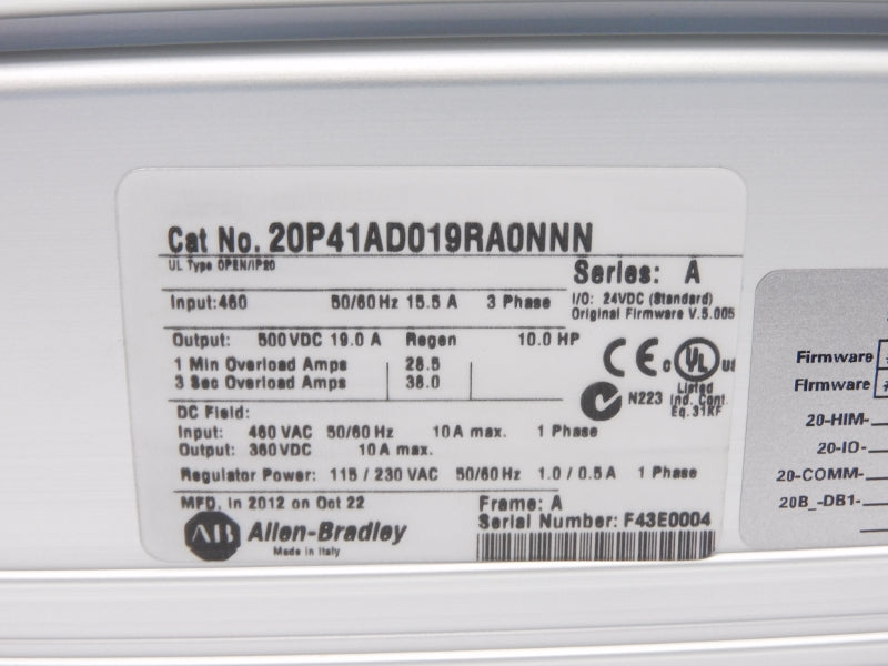 ALLEN BRADLEY 20P41AD019RA0NNN SER. A 460VAC 19.0A F/W 5.005 NSMP