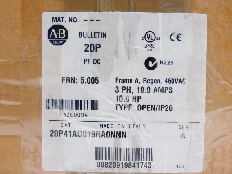 ALLEN BRADLEY 20P41AD019RA0NNN SER. A 460VAC 19.0A F/W 5.005 NSMP