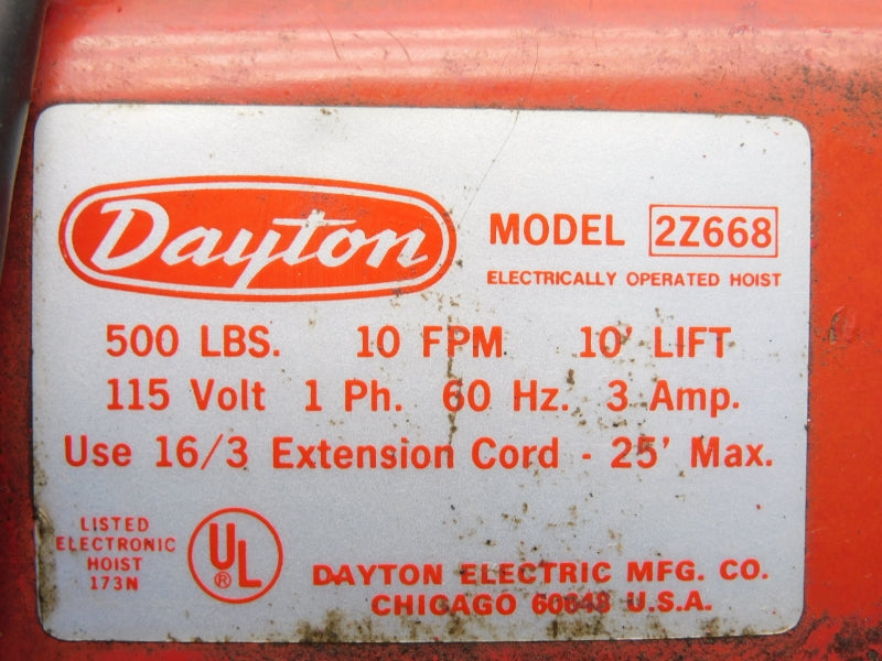DAYTON 2Z668 115V 3A 500LB UNMP