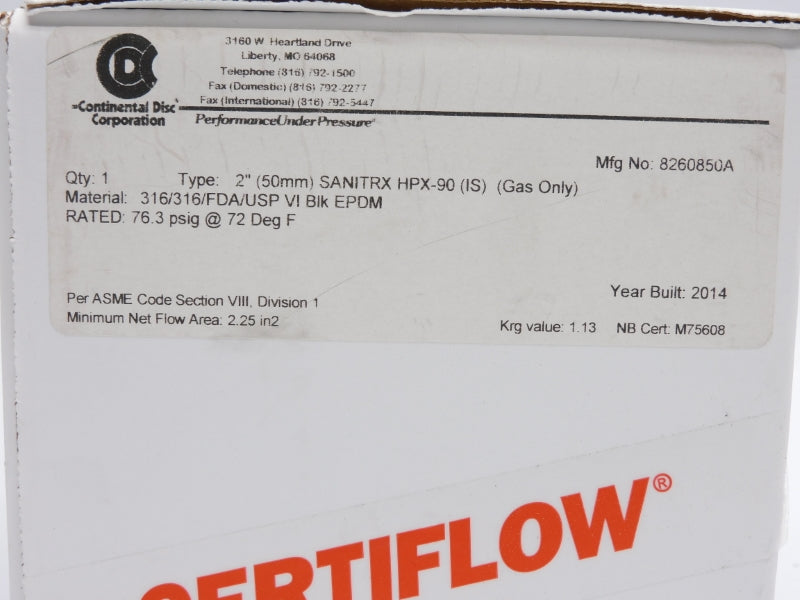 CONTINENTAL DISC 8260850A HPX-90 76.3PSI 2" NSMP