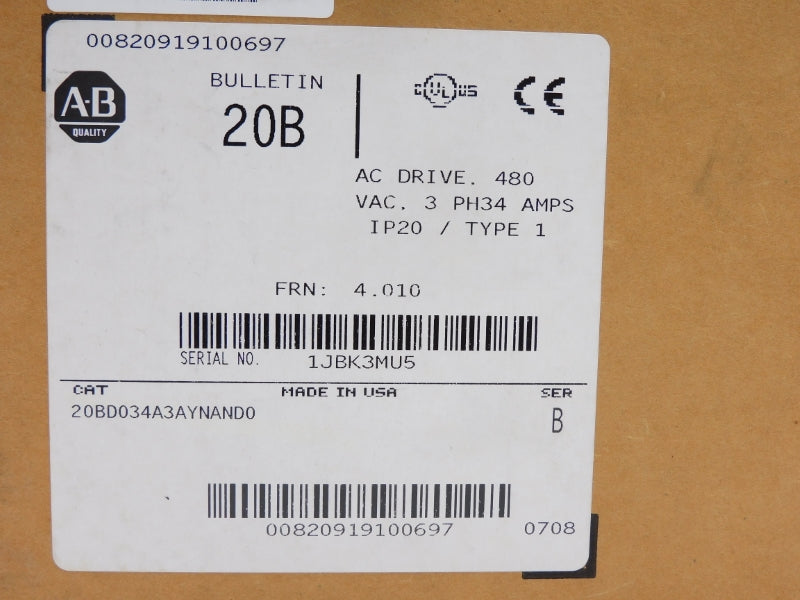 ALLEN BRADLEY 20BD034A3AYNAND0 SER. B 480VAC 34A F/W 4.010 DATE: 2008 NSFS
