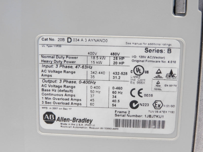 ALLEN BRADLEY 20BD034A3AYNAND0 SER. B F/W 4.010 432-528VAC 31.2A NSNP