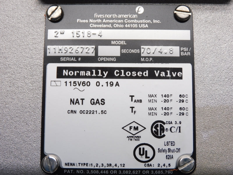 FIVES NORTH AMERICAN 1518-4 200SNM11 115V 0.19A 4.8PSI 2" NSMP