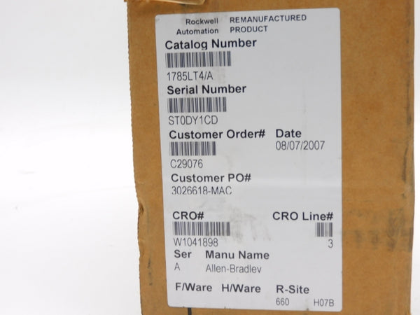 ALLEN BRADLEY 1785-LT4 SER. A 5VDC 2.5A F/W P (NO KEY) REMAN