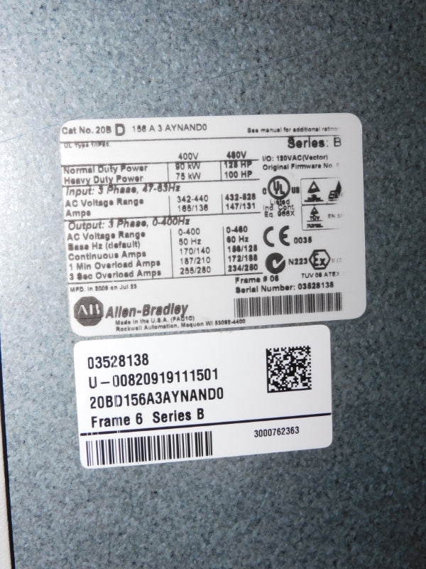 ALLEN BRADLEY 20BD156A3AYNAND0 SER. B 480VAC 156A F/W 6.005 NSNP
