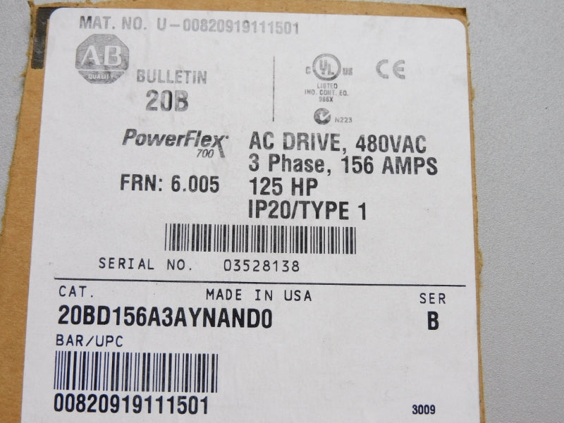 ALLEN BRADLEY 20BD156A3AYNAND0 SER. B 480VAC 156A F/W 6.005 NSNP
