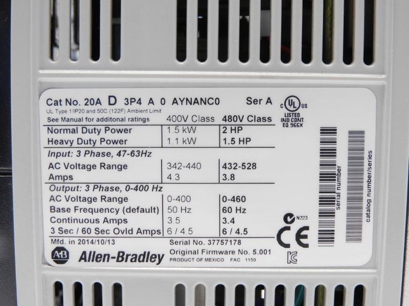 ALLEN BRADLEY 20AD3P4A0AYNANC0 SER. A 432-528VAC 4.3A F/W 5.001 NSNP