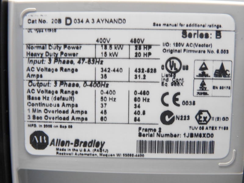 ALLEN BRADLEY 20BD034A3AYNAND0 SER. B 432-528VAC F/W 6.003 (AS PICTURED) NSNP