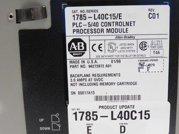 ALLEN BRADLEY 1785-L40C15 SER. E 5VDC 3.0A F/W D (NO KEY) UNMP