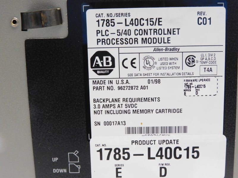 ALLEN BRADLEY 1785-L40C15 SER. E 5VDC 3.0A F/W D (NO KEY) UNMP