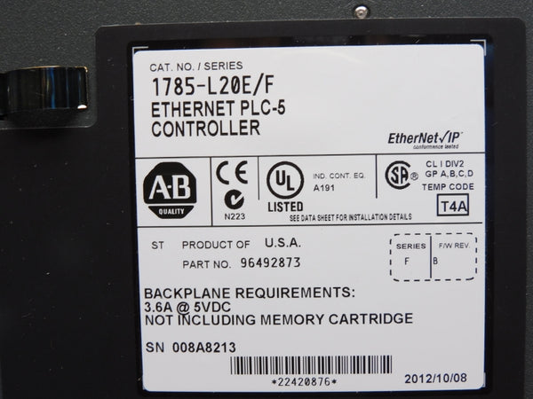 ALLEN BRADLEY 1785-L20E SER. F 5VDC 3.6A F/W B NSMP