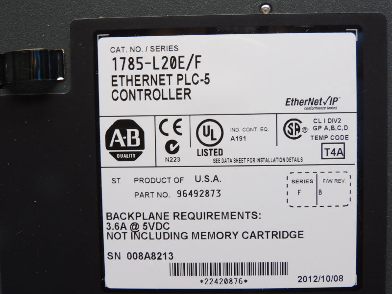 ALLEN BRADLEY 1785-L20E SER. F 5VDC 3.6A F/W B NSMP