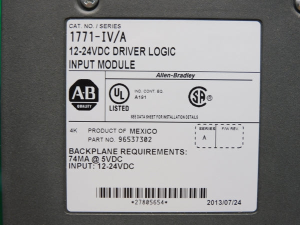 ALLEN BRADLEY 1771-IV SER. A 12-24VDC NSMP