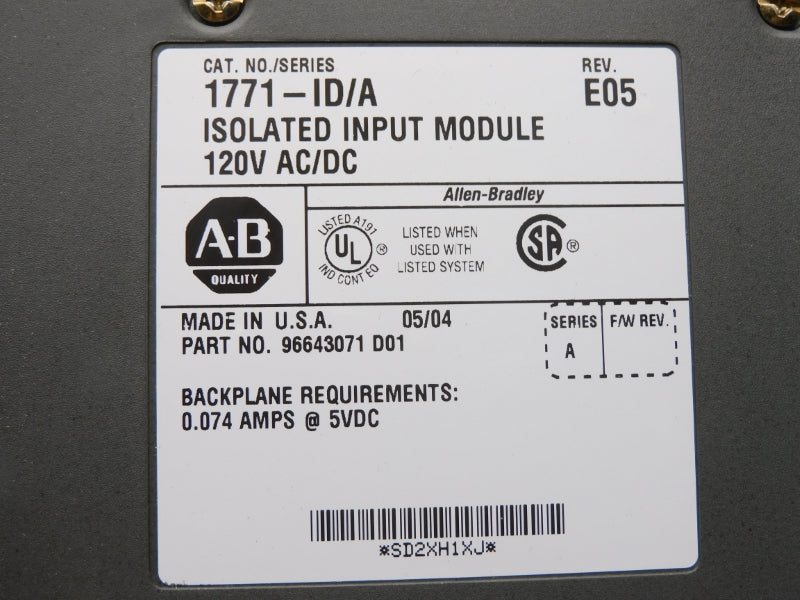 ALLEN BRADLEY 1771-ID SER. A 120VAC/DC 0.74A NUPI
